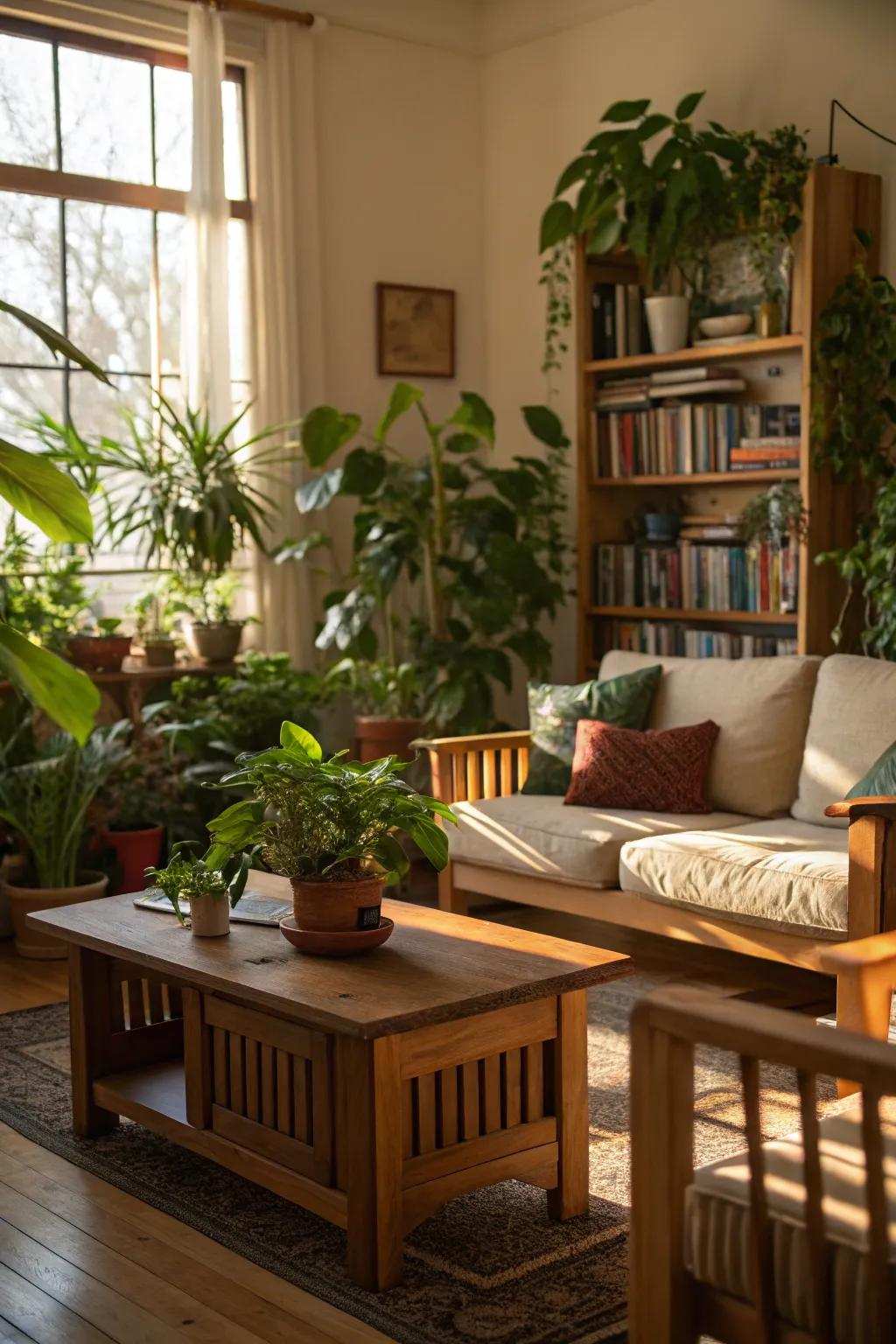 A living area elevated with organic components like timber and greenery.