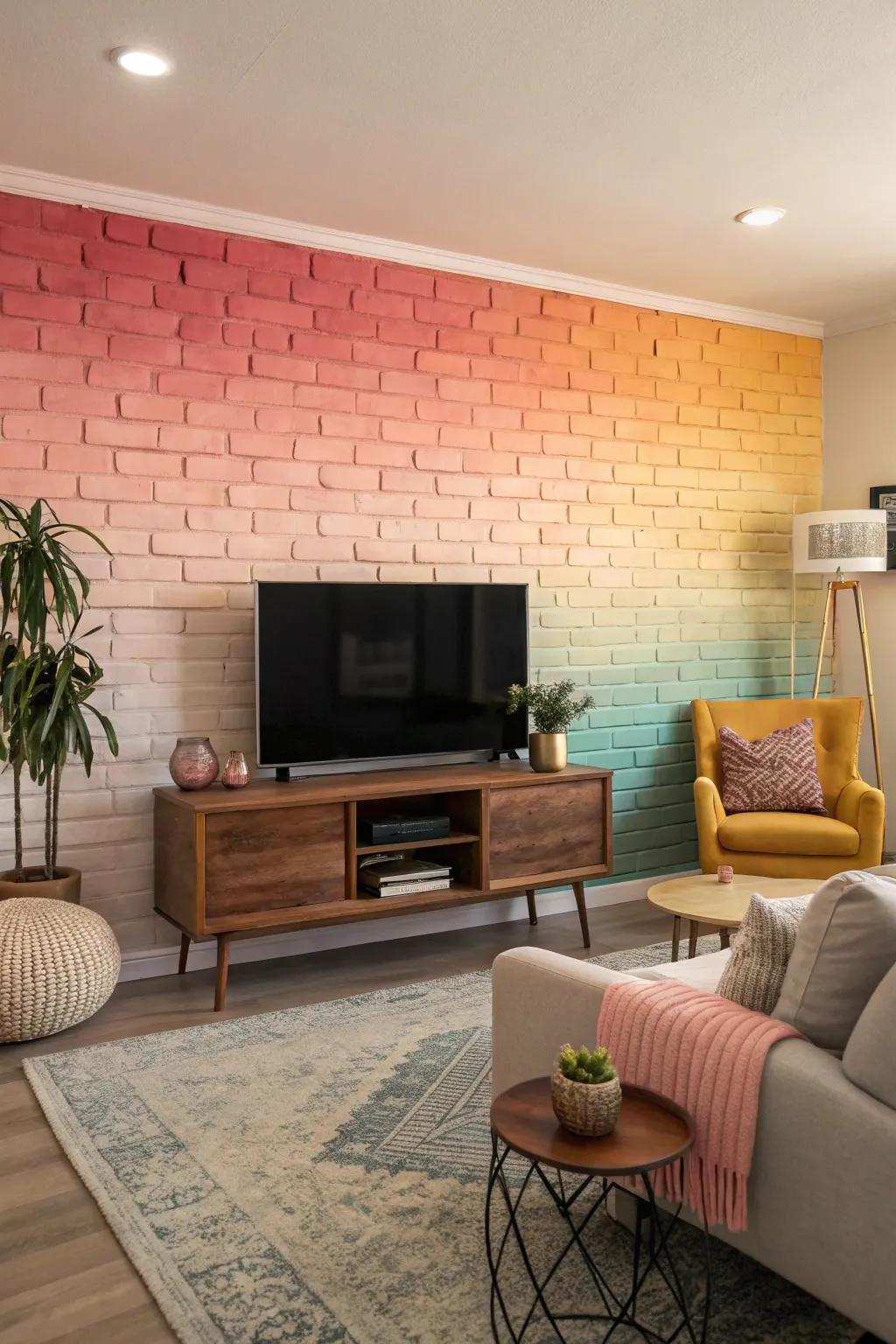 A living area featuring an intriguing gradient brick wall that captivates.