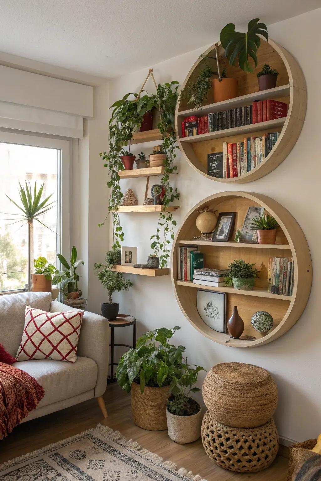 A living area featuring practical spherical racks that display decorative items.