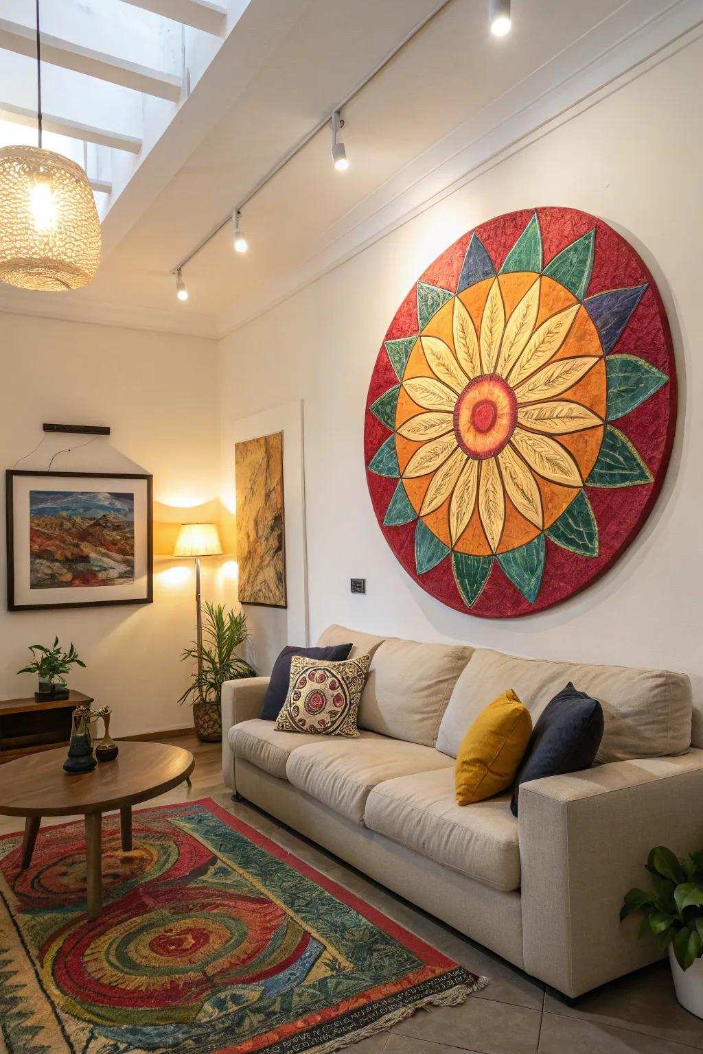 A living space showcasing a striking, vibrant piece of circular art that serves as its central feature.