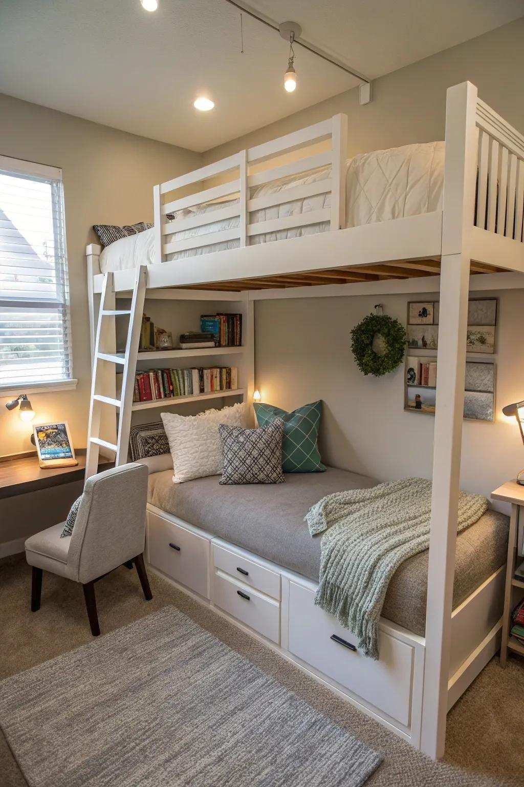 A loft bed provides adaptable space below for work or leisure.