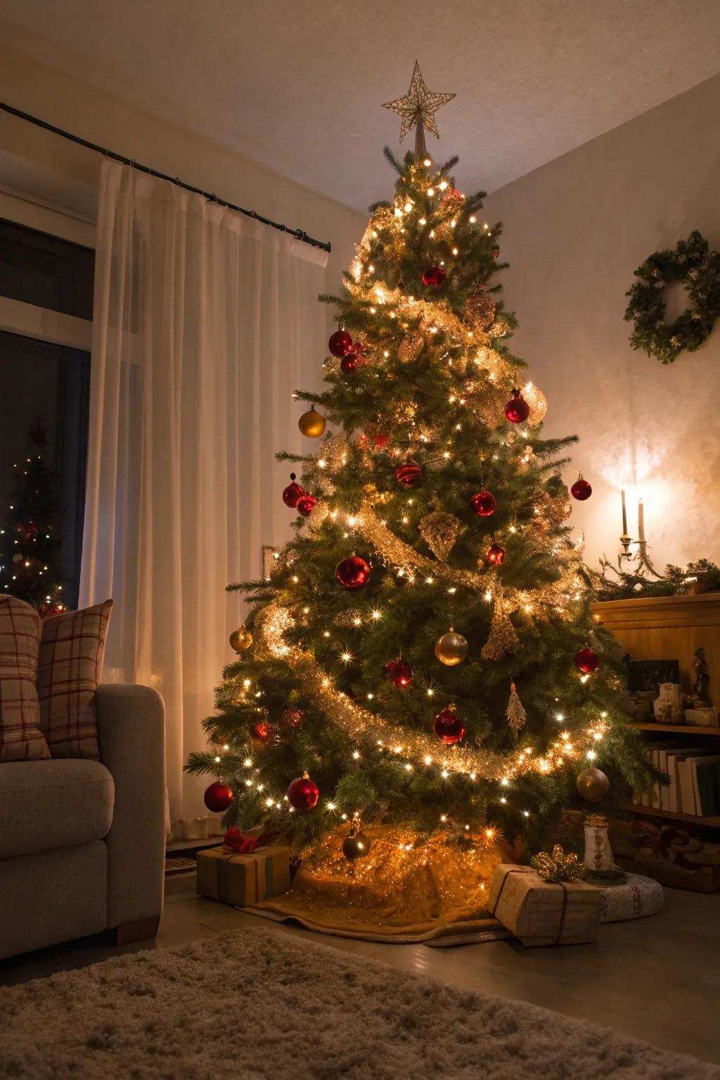 A lustrous Christmas tree embellished with retro shiny strips.