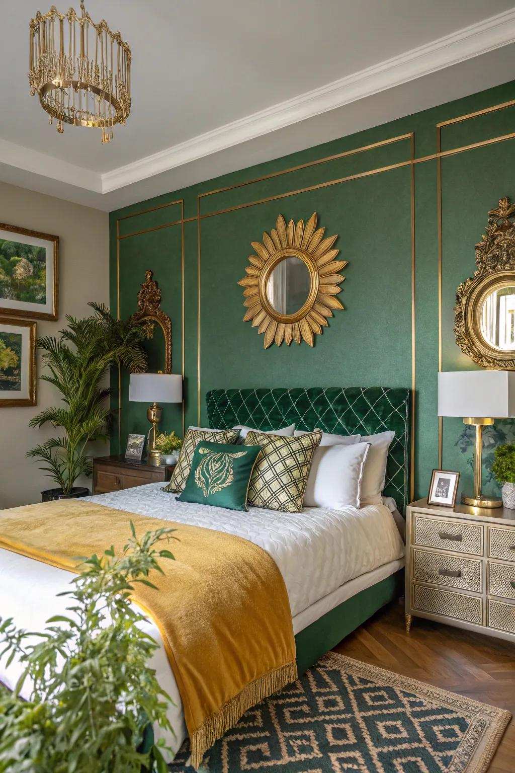 A luxurious bedroom with an elegant verdant and gold color scheme.