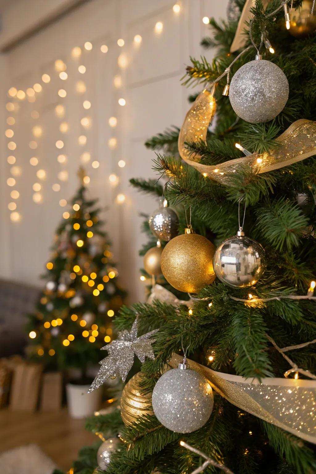 A luxurious Christmas tree enhanced with gold and silver features, creating a dazzling sight.