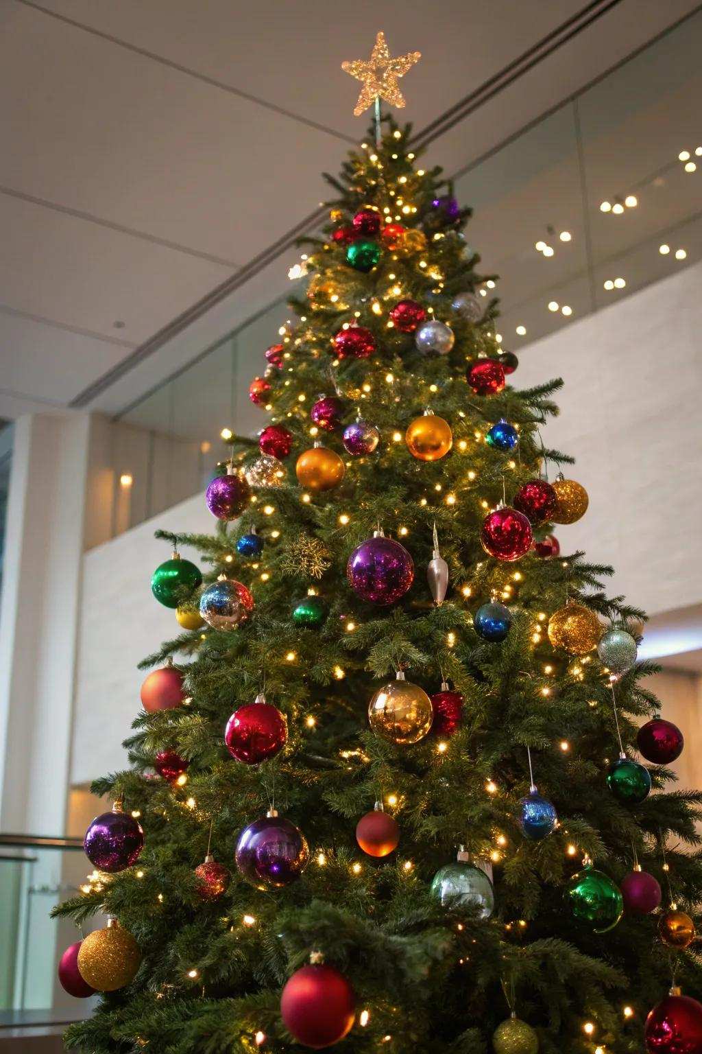 A maximalist showcase of vintage glass ornaments.