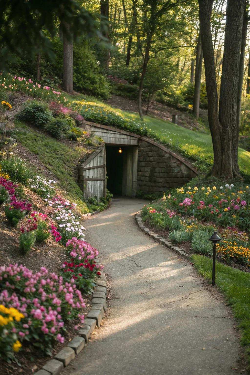 A meandering path invokes a secret garden ambiance.