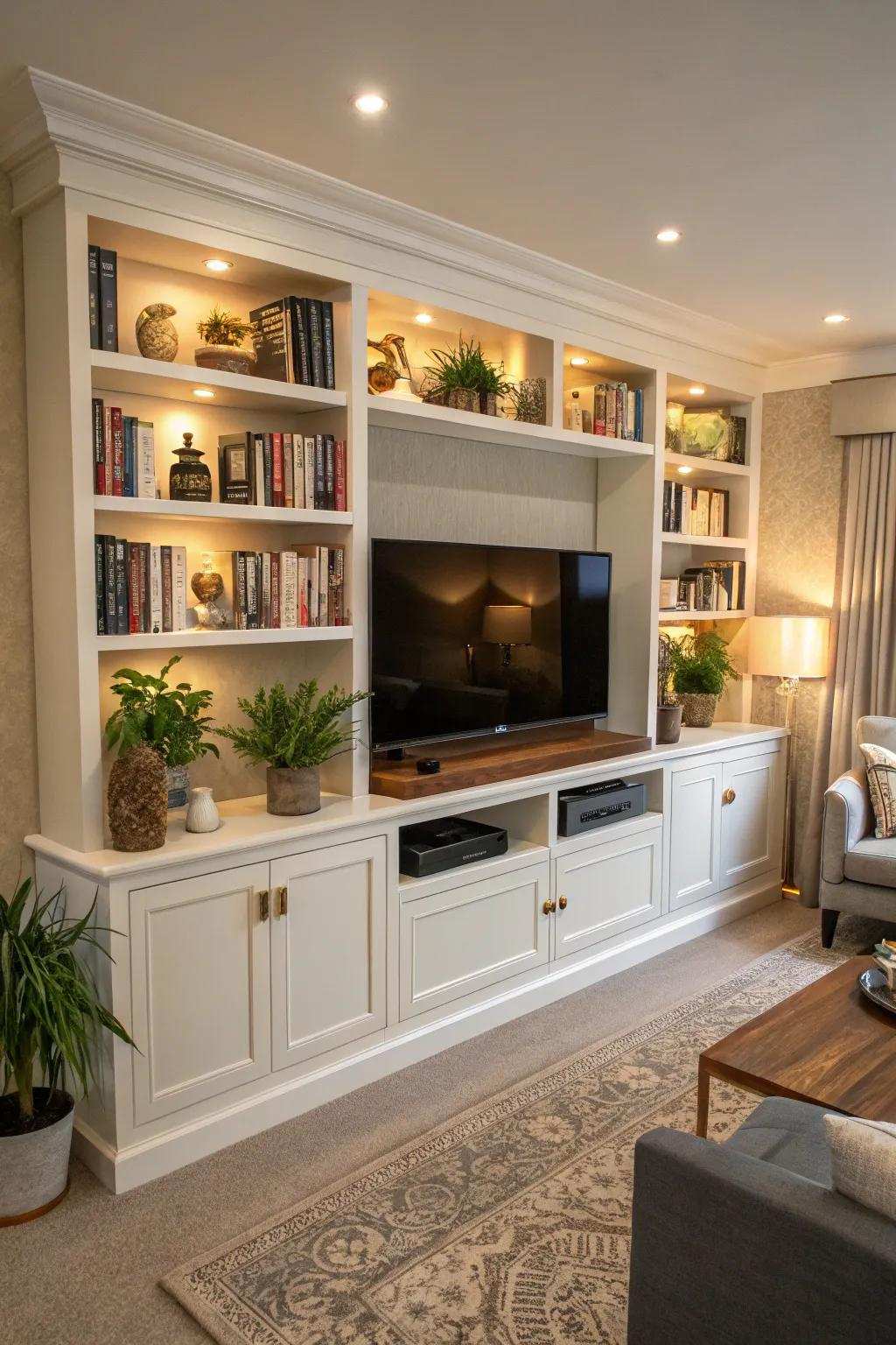 A media wall with integrated bookshelves delivers both utility and style.