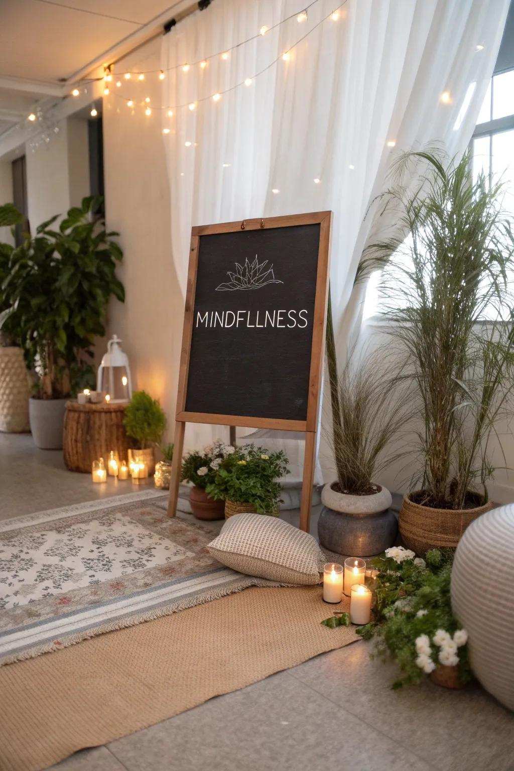 A meditation space chalkboard featuring a mindfulness quote.