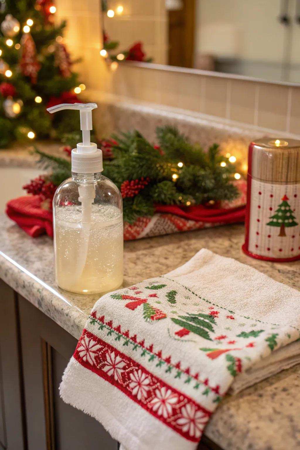 A merry combination of hand cleanser and a holiday textile