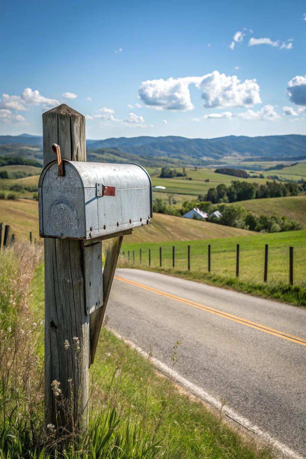 A metallic-coated mailbox introduces an industrial vibe to a country landscape.