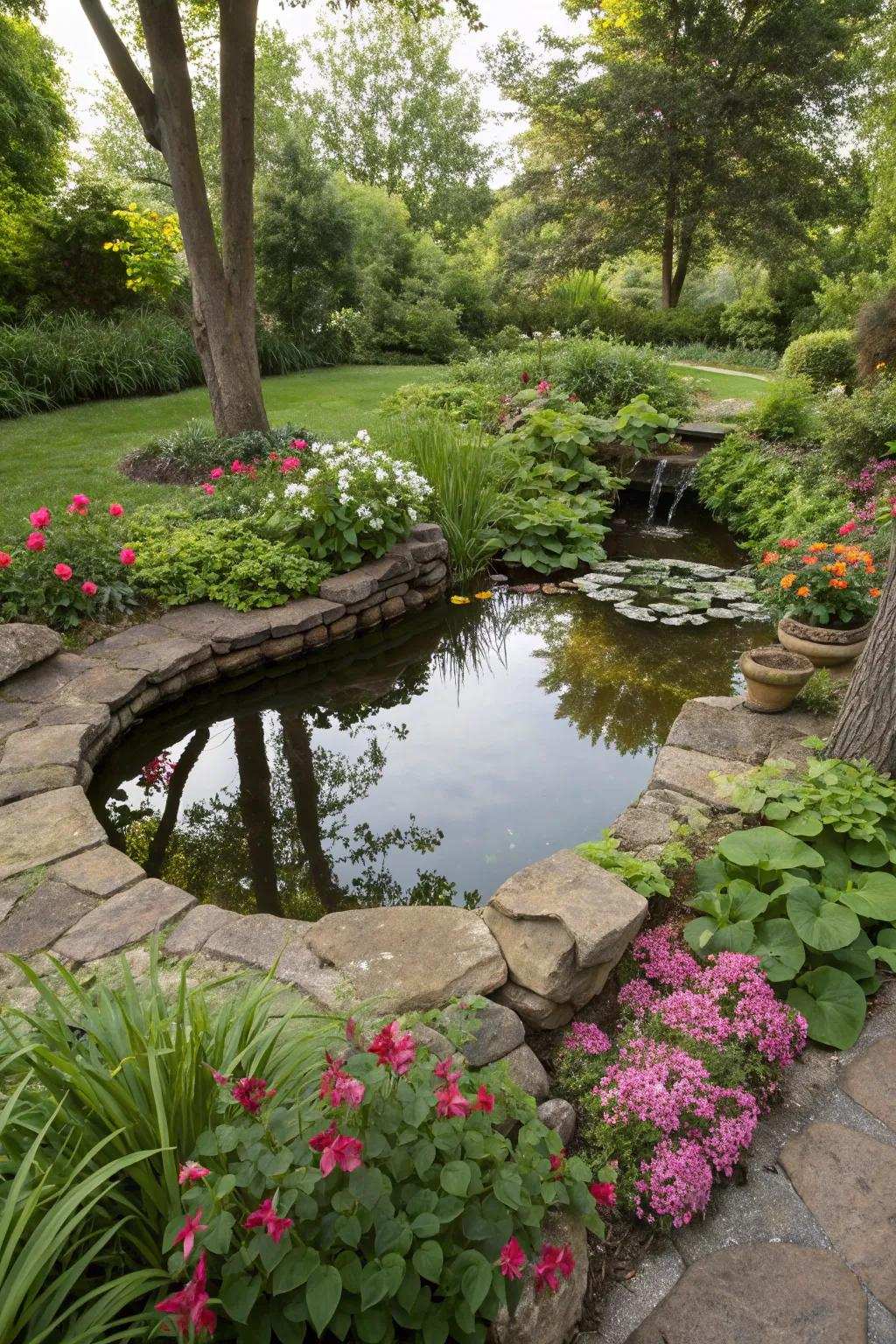 A mini pond harmoniously blended into the garden landscape.
