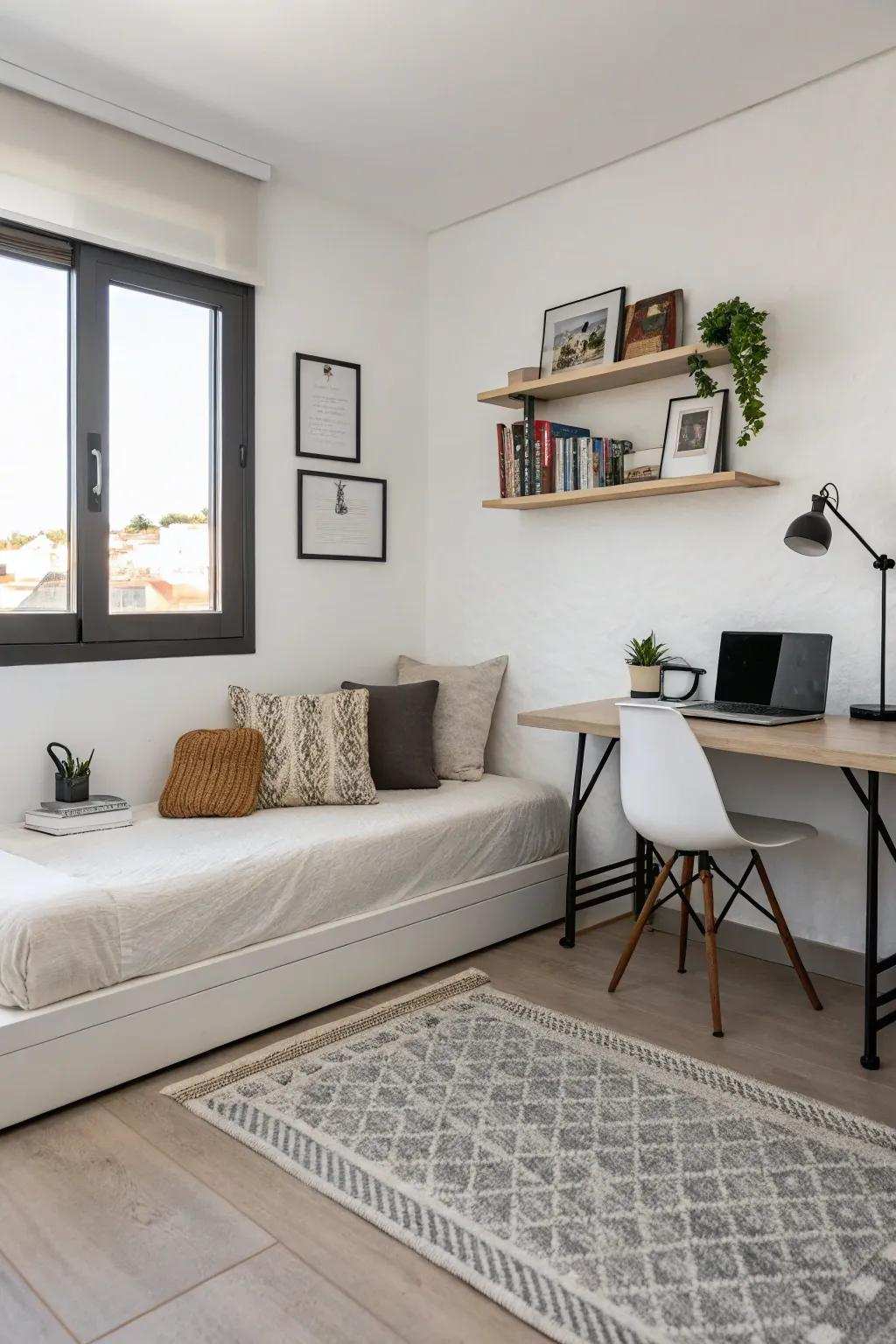 A minimalist daybed provides a serene and uncluttered workspace.