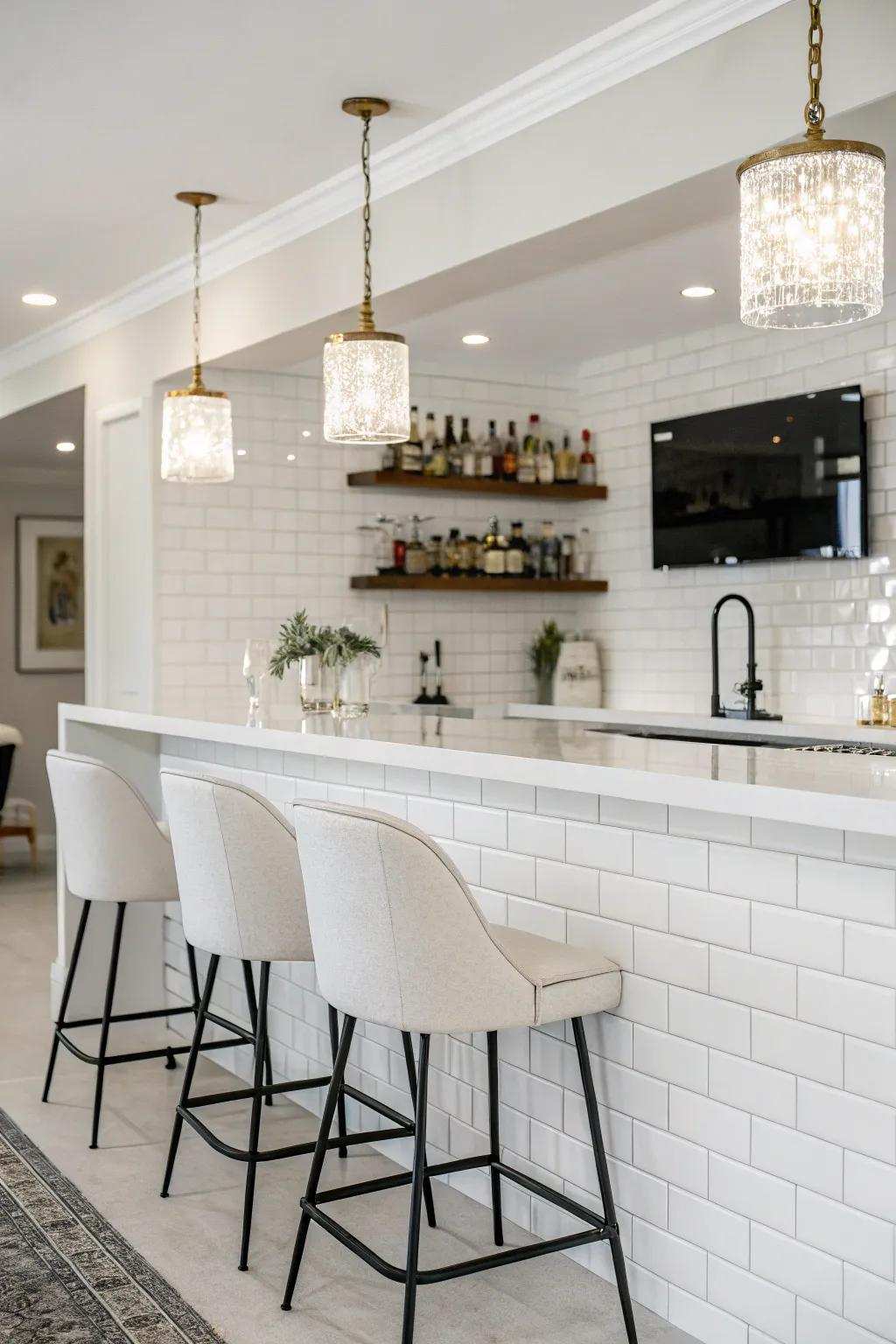 A minimalist home bar with a white tile backsplash and modern decor.