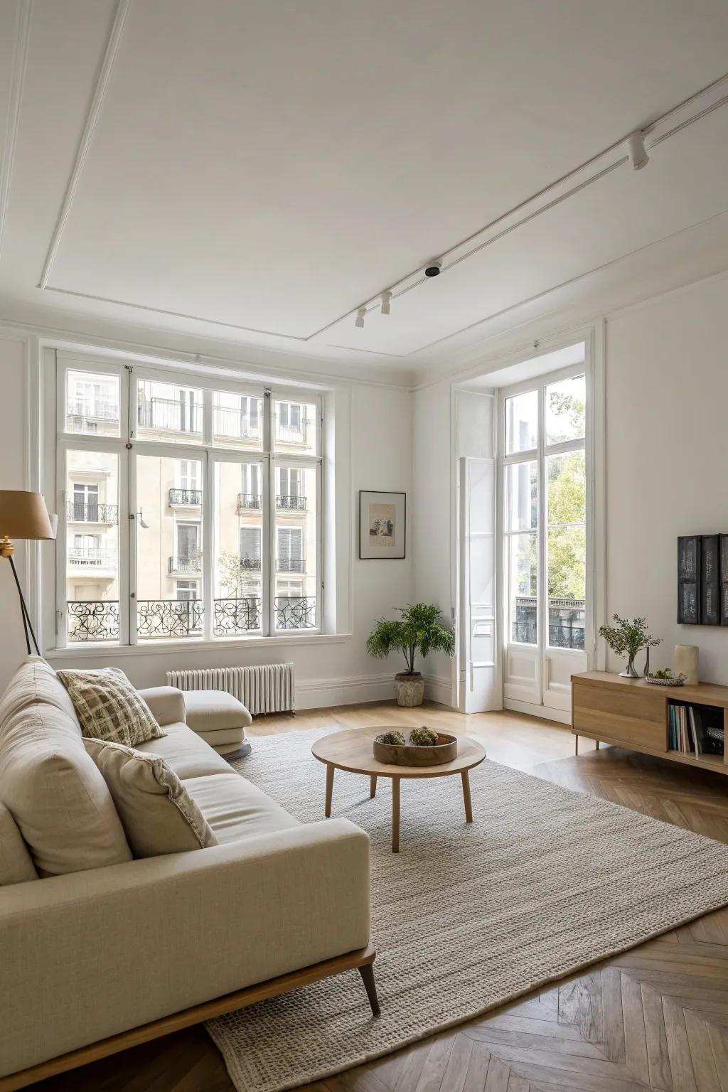 A minimalist living room with fresh lines and a calm vibe.