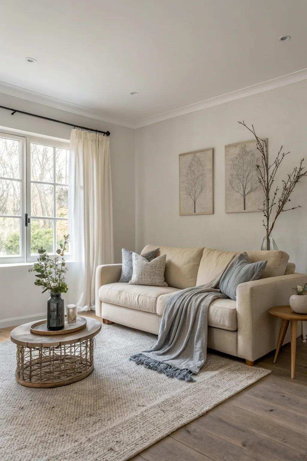 A minimalist living space showcasing a calming subdued color story.