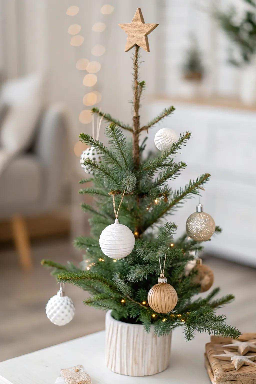 A minimalist Scandinavian-style Christmas tree featuring simple and sleek ornaments.