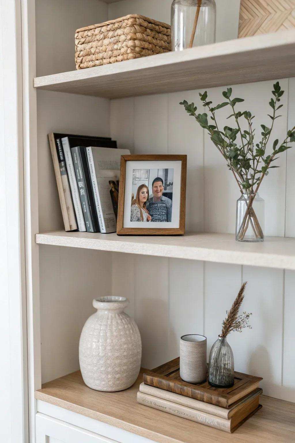 A minimalist shelf exhibiting a curated selection of decor pieces in muted hues.