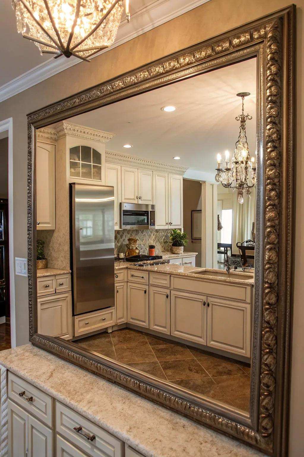 A mirror enhances depth and light in a windowless kitchen.
