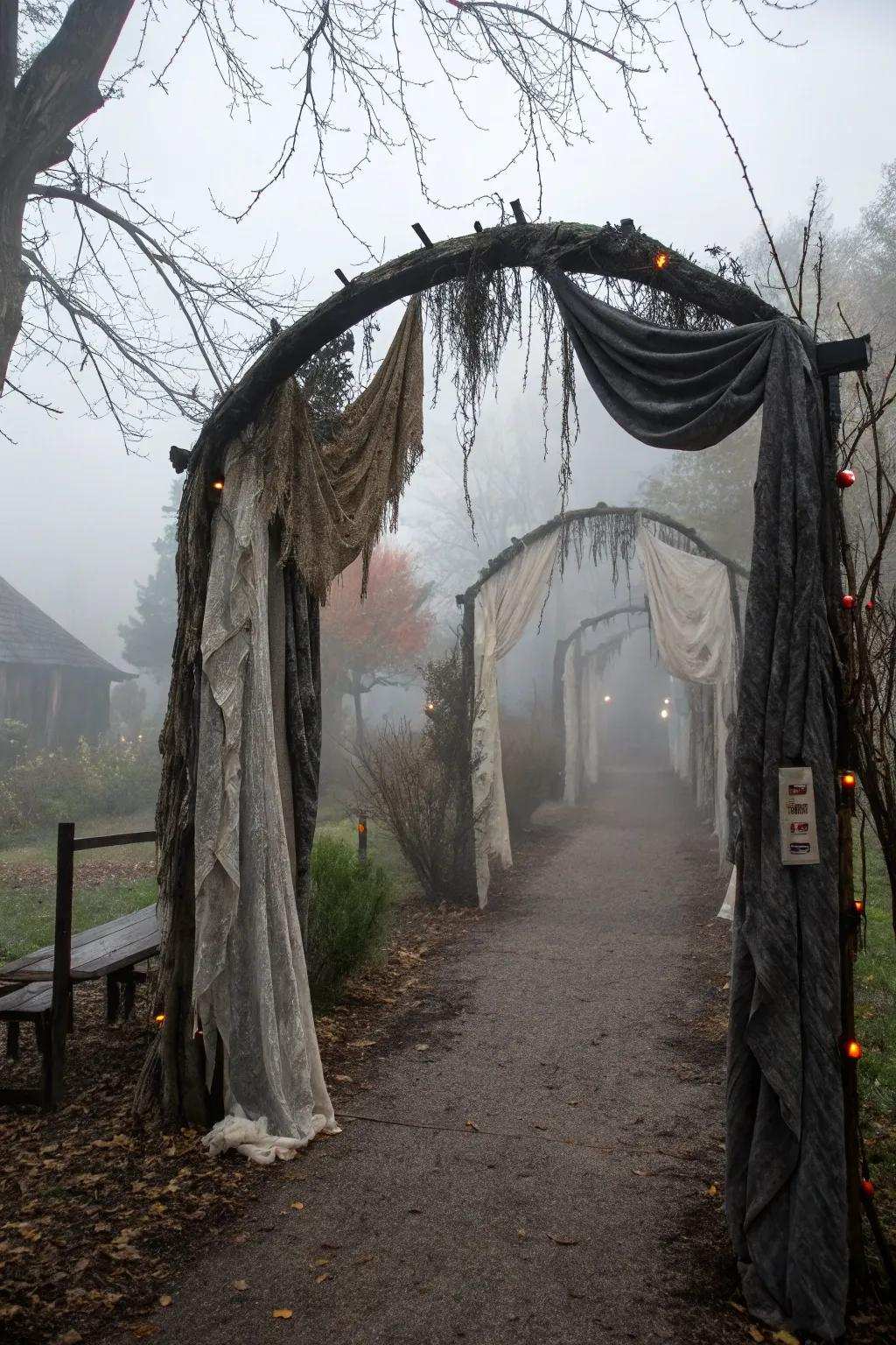 A misty gateway entices visitors into the Halloween trail.