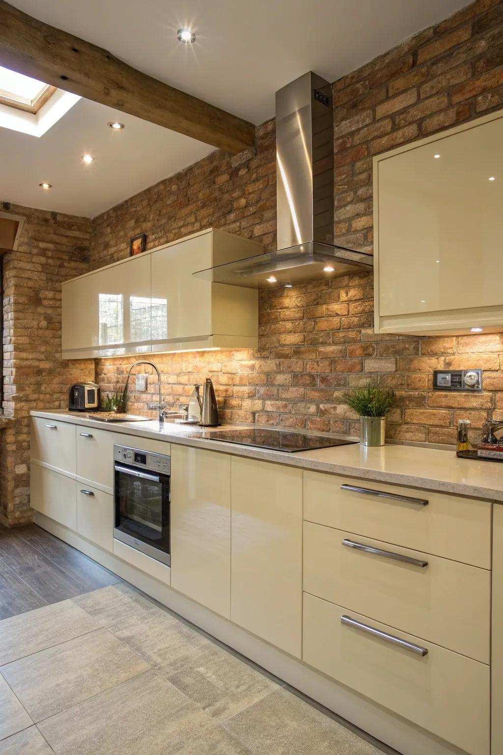 A mix of gloss and flat textures for a balanced and dynamic kitchen design.