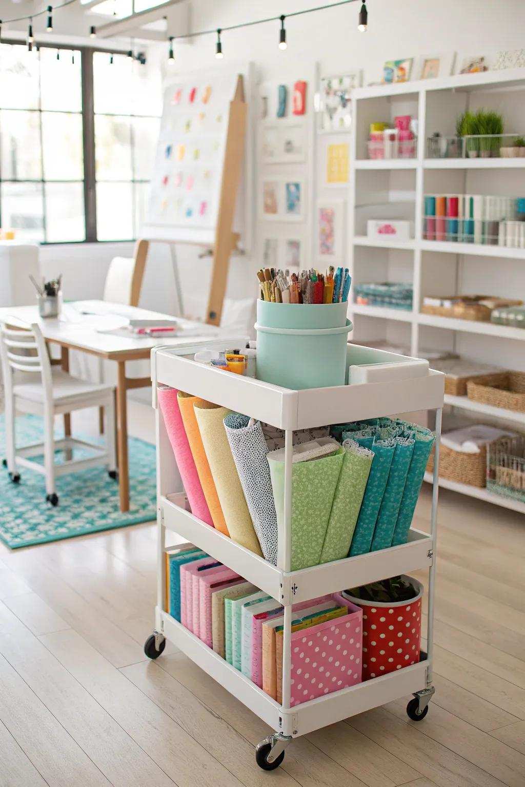 A mobile cart offers a adaptable storage option for tissue paper.