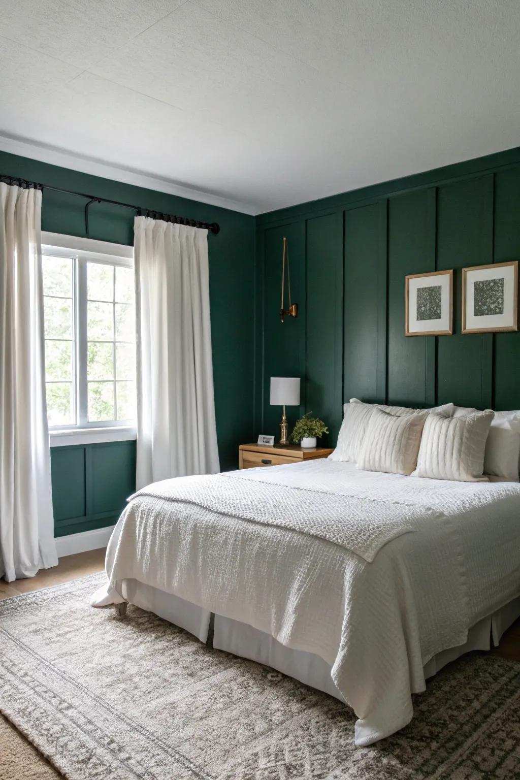 A modern bedroom showcasing the contrast between deep verdant walls and pale elements.