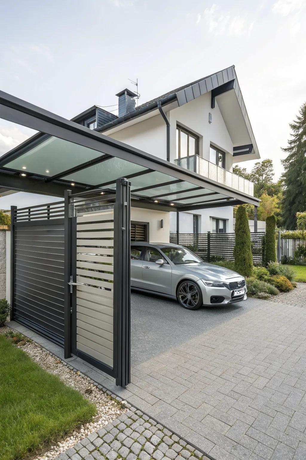A modern carport featuring motorized gates for optimal security and convenience.