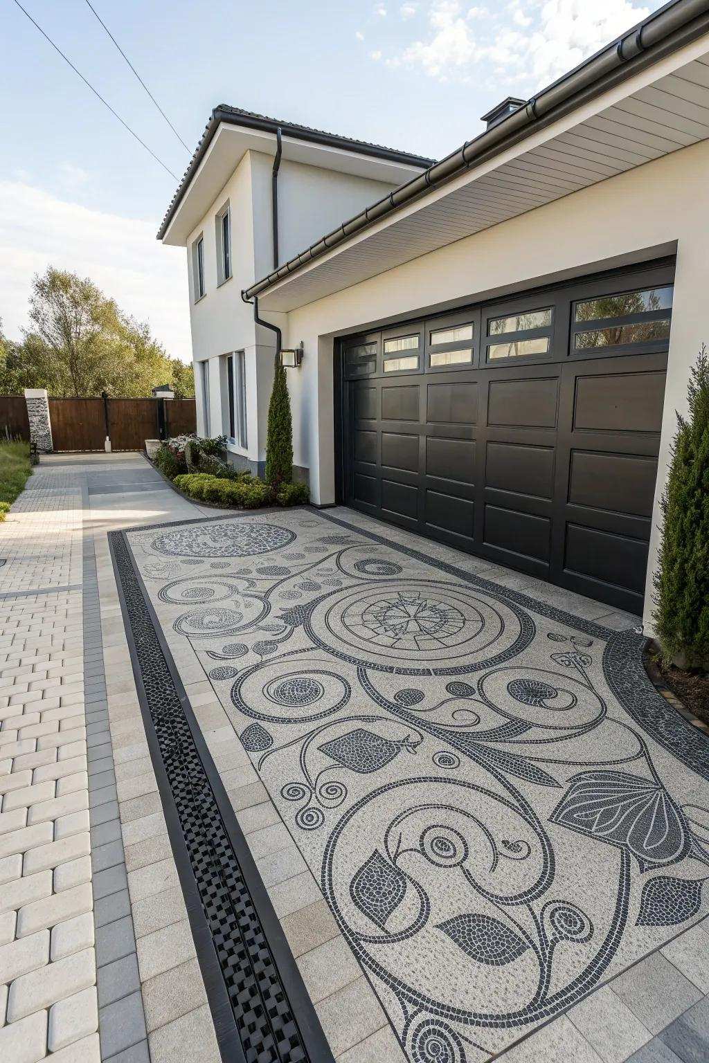 A modern carport with a decorative driveway.