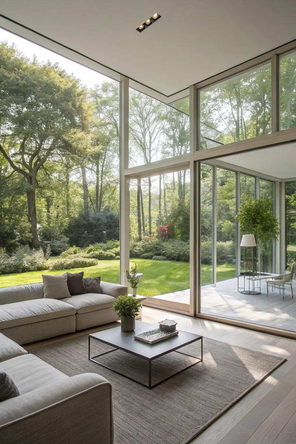 A modern living area that eliminates boundaries between the interior and exterior with substantial glass features.