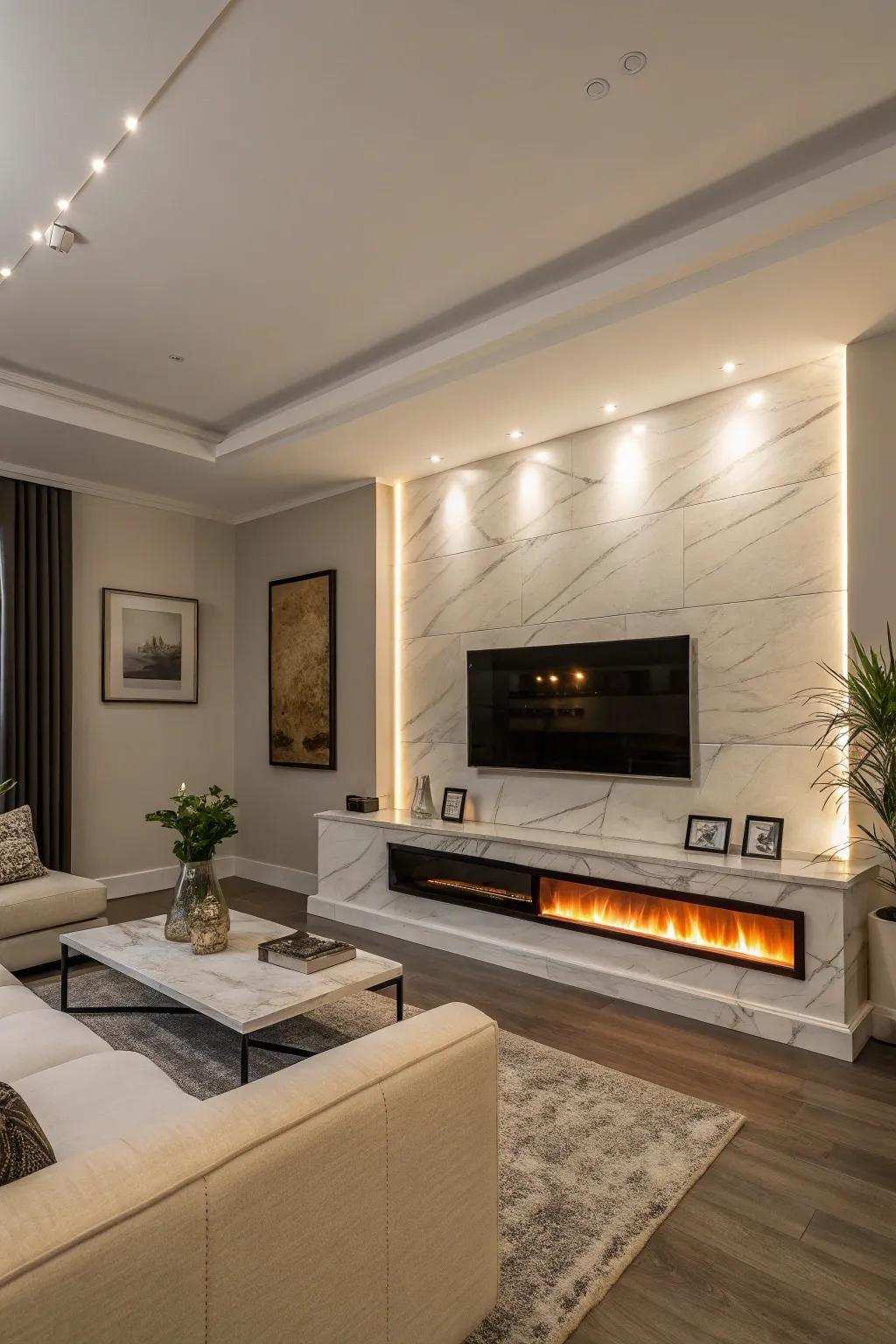 A modern living space featuring a mounted electric fireplace offering a pristine, modern ambiance.