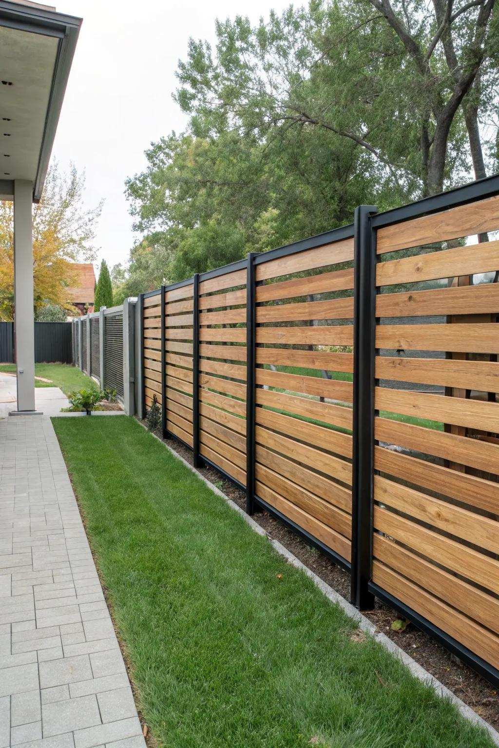 A modern streamlined fence featuring horizontal timber strips and robust metallic frames.