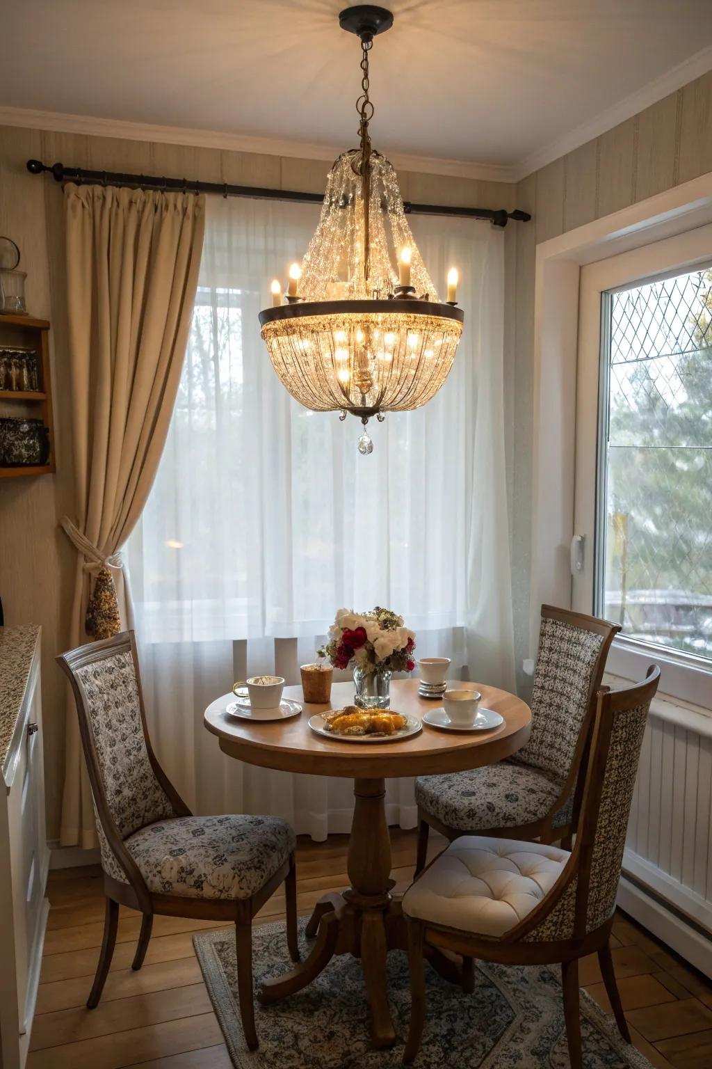 A modest hanging light infusing sophistication into a breakfast corner.