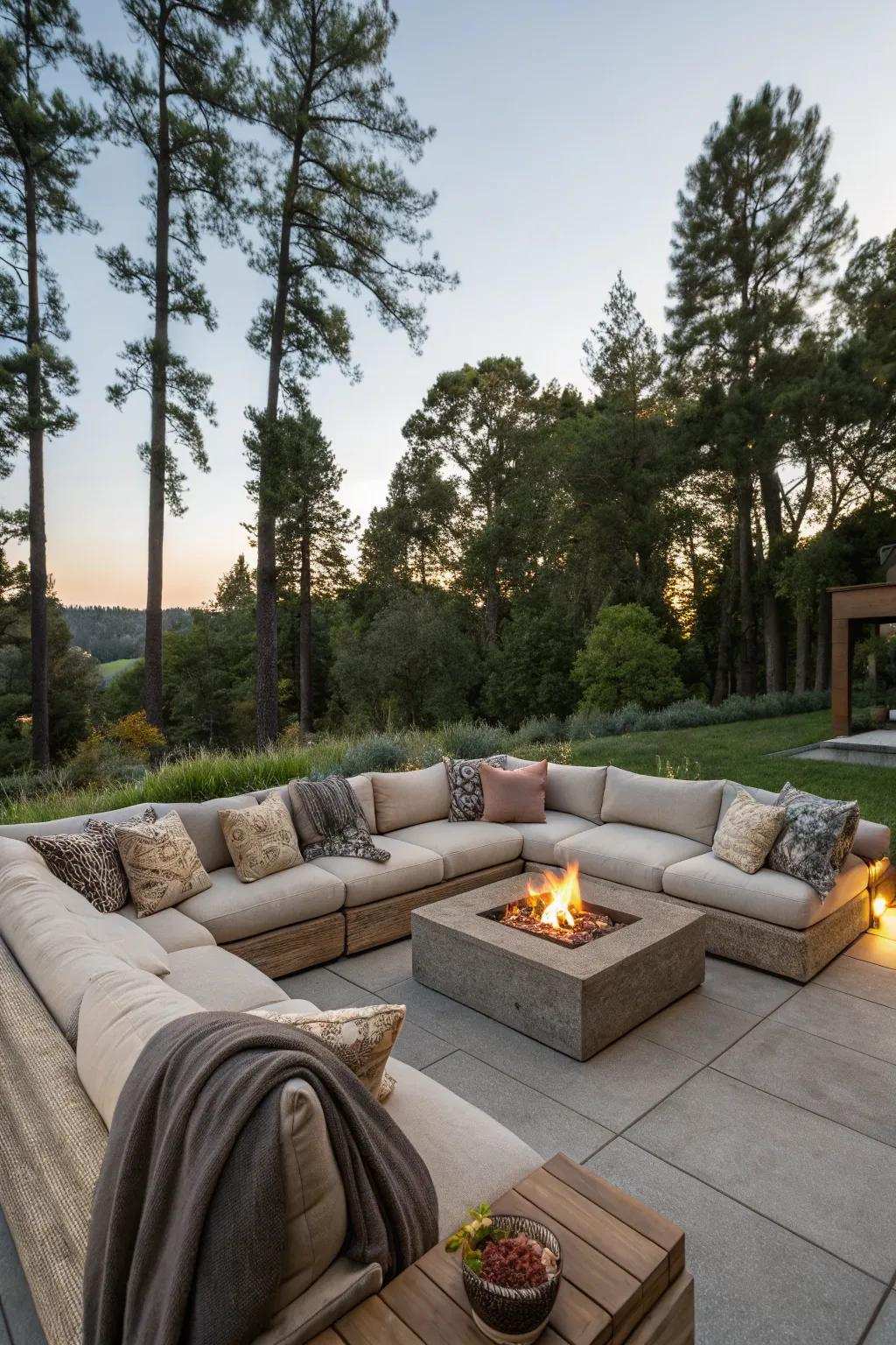 A modular couch offers comfort and style around your firepit.