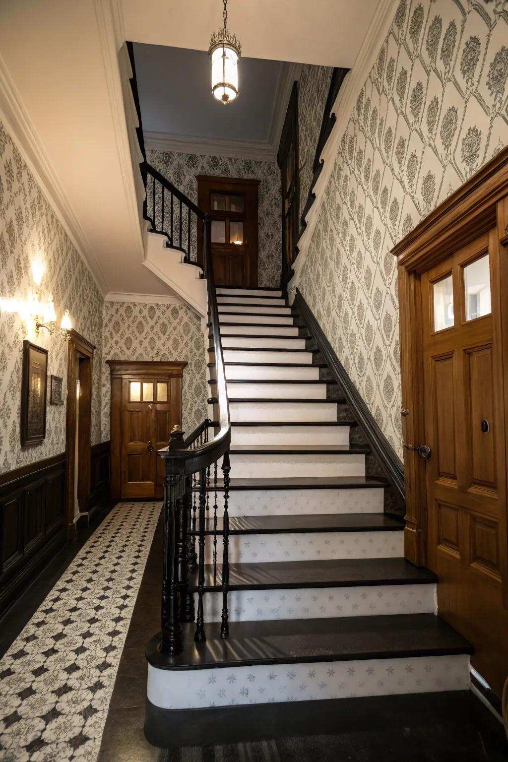 A monochrome palette adds timeless class to the stairway.