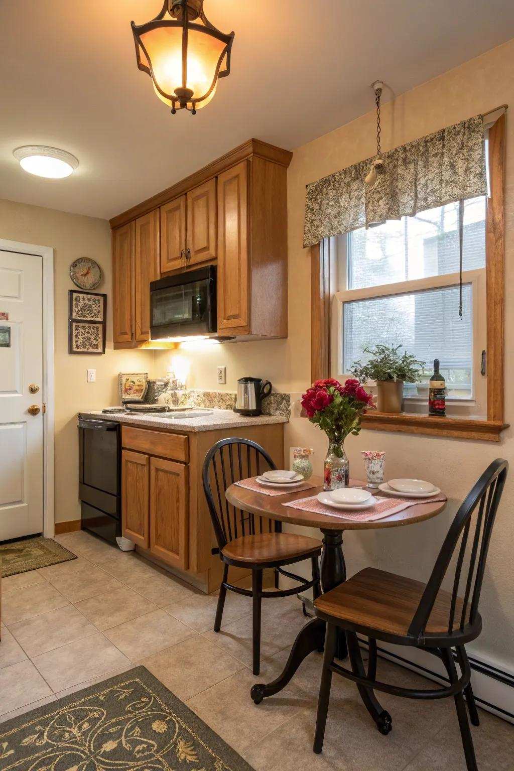 A morning alcove adds charm and functionality to a windowless kitchen.