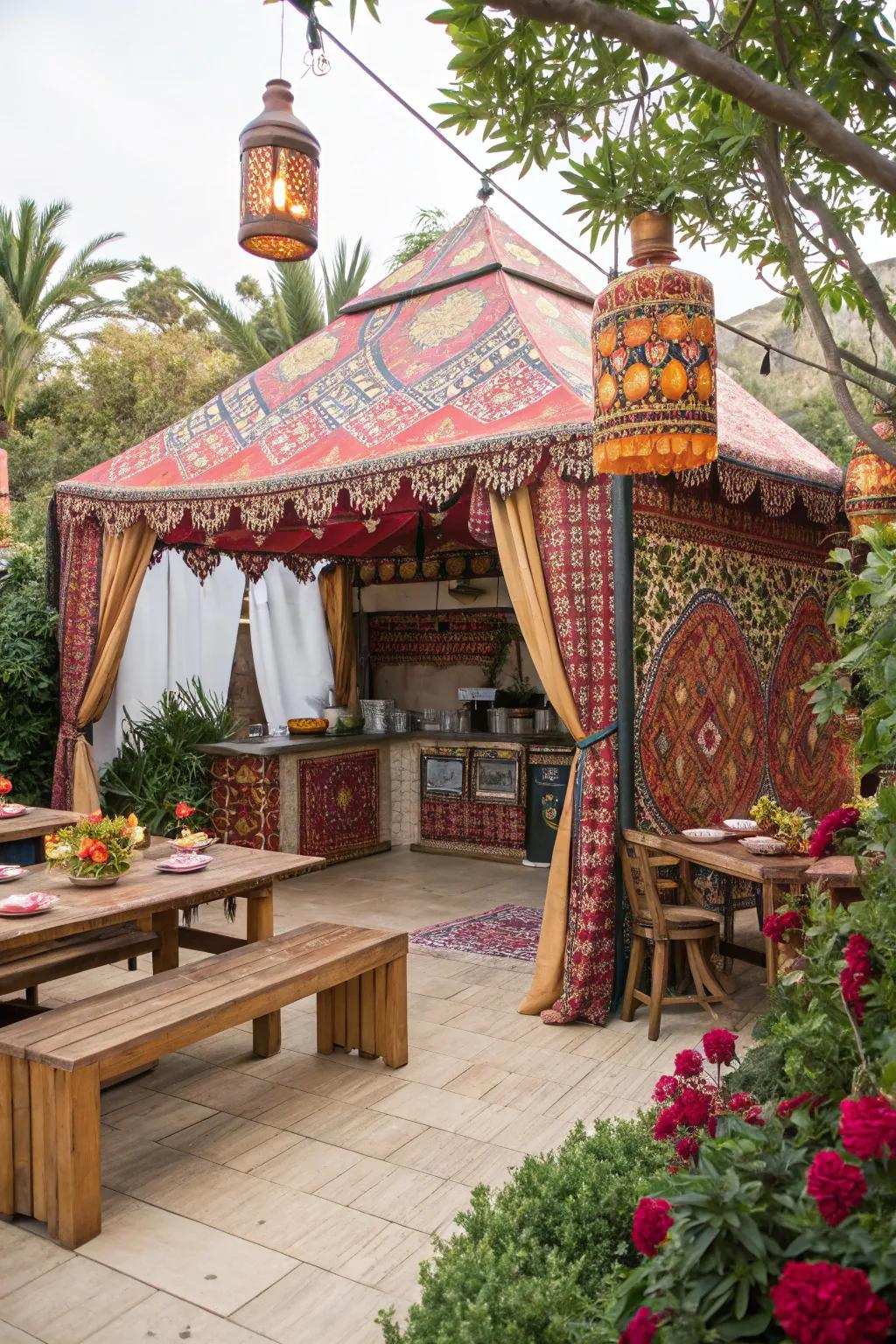 A Moroccan shelter introduces an exotic and radiant flair to your open-air cooking area.