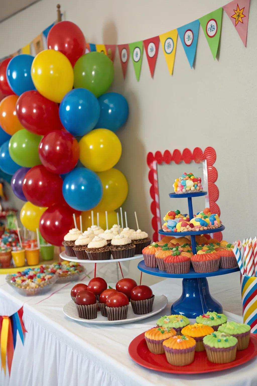 A motif confection table constitutes a sugary enticement.