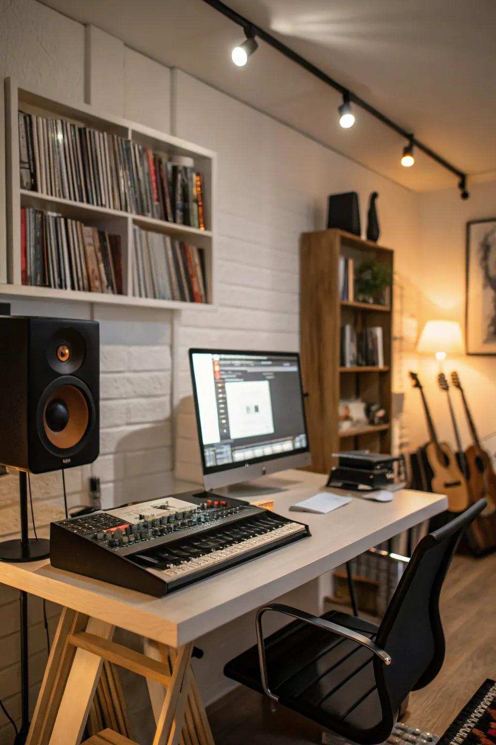 A multi-functional desk is ideal for both work and music.