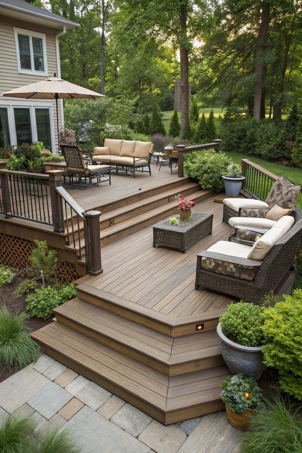 A multi-level deck with lively and useful steps