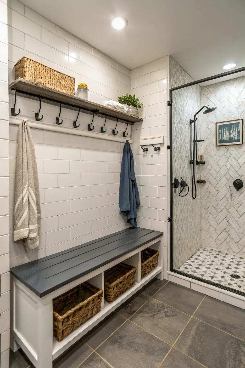 A multi-purpose bench featuring hooks offers practical storage inside the shower.