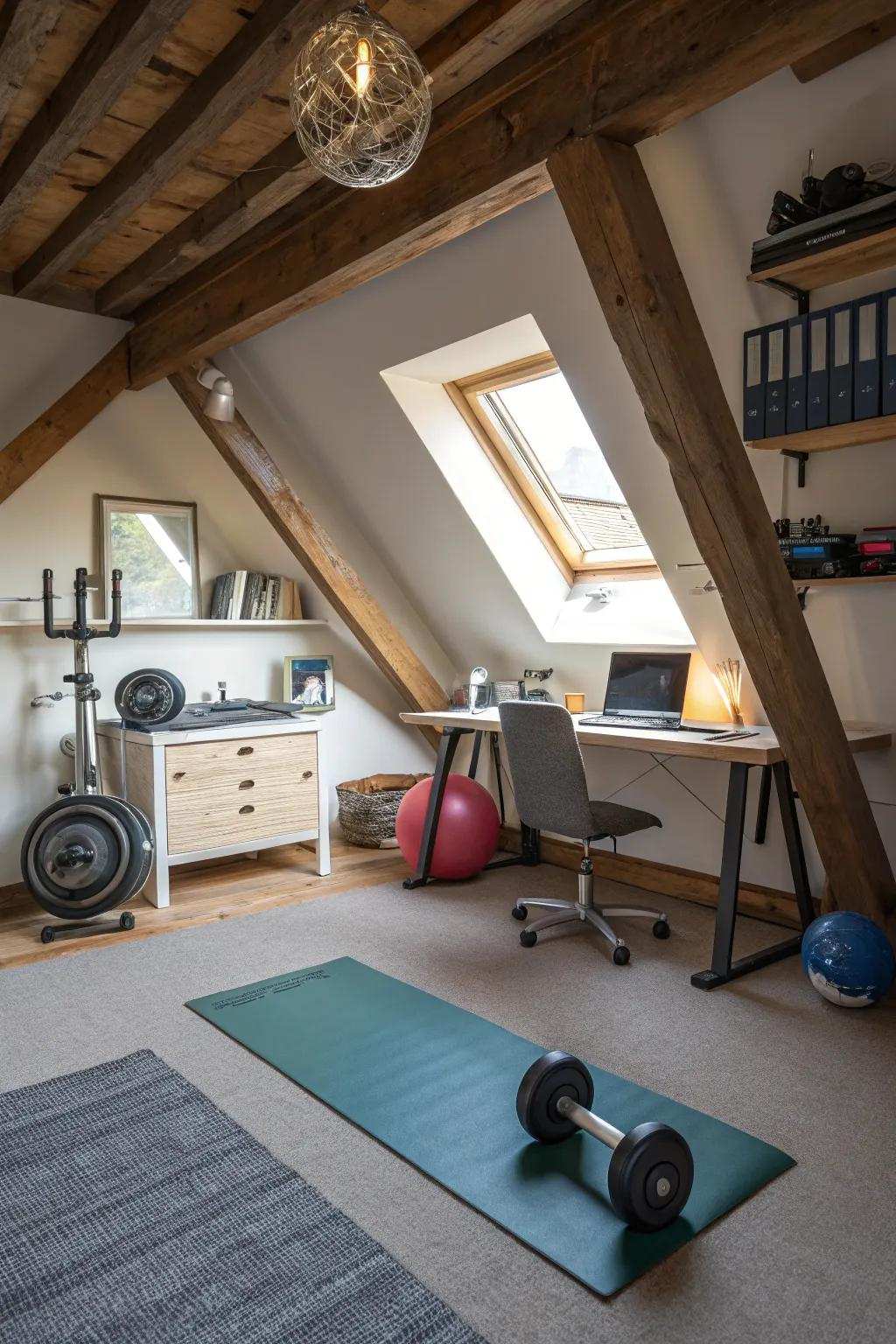 A multi-use attic that combines fitness and productivity.
