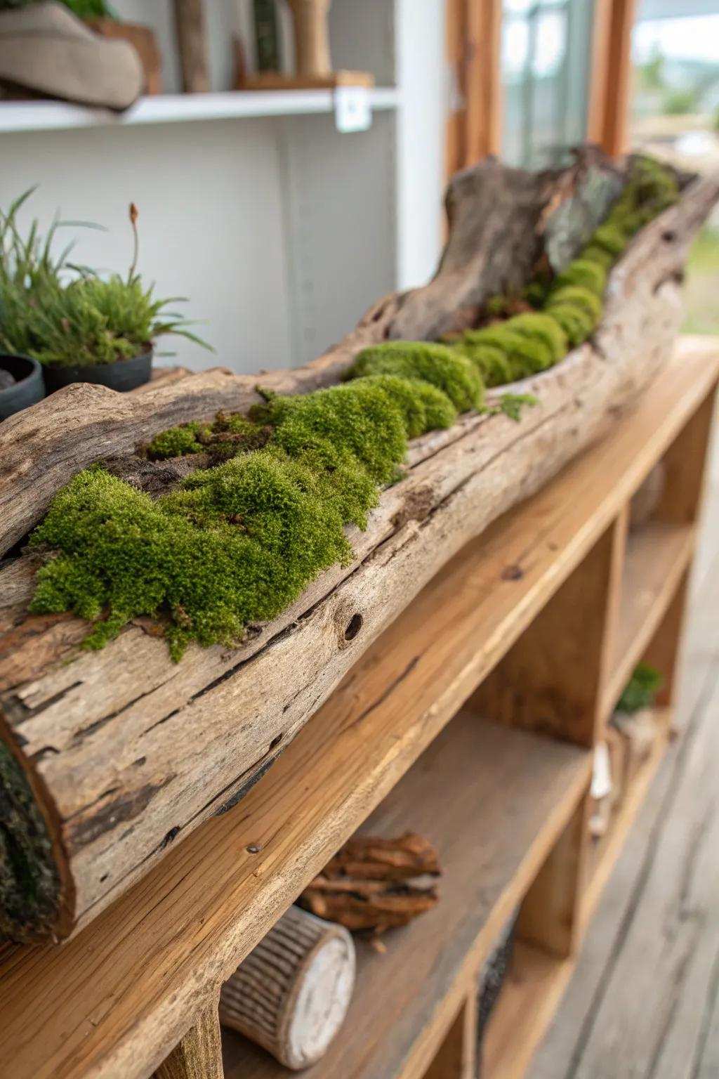 A natural root wood planter featuring verdant moss, ideal for a natural touch in your decorating scheme.