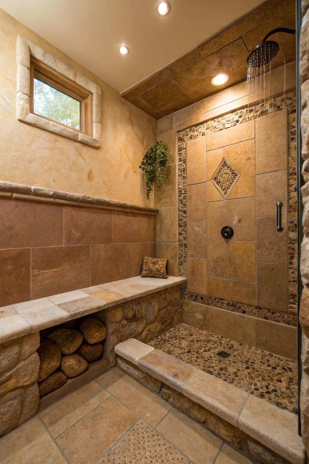 A natural stone bench brings an earthy, ageless appeal to the shower.