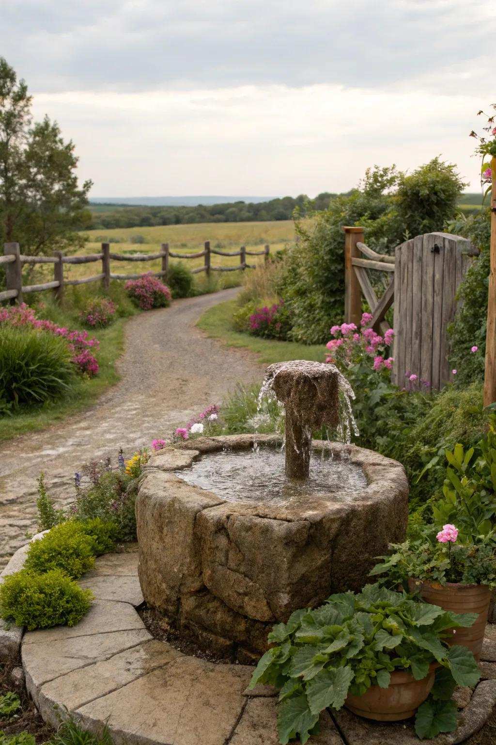 A natural stone fountain effortlessly integrates with the garden's plants.