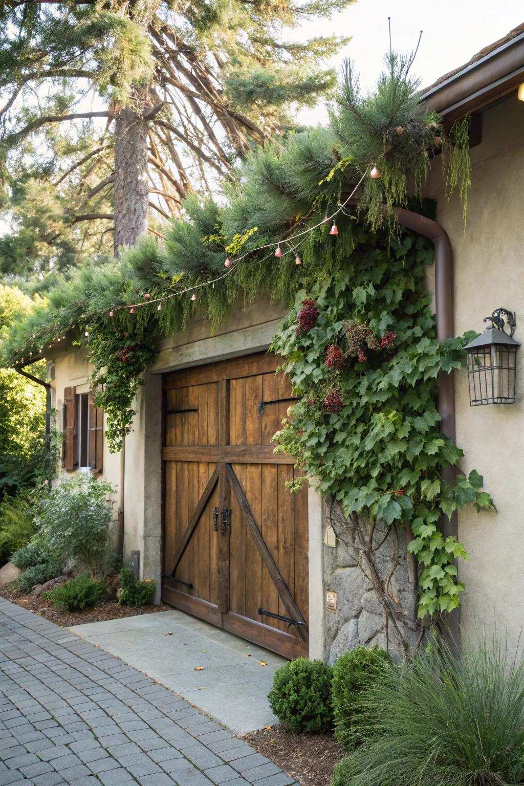 A nature-inspired grapevine arrangement introduces allure to a garage.
