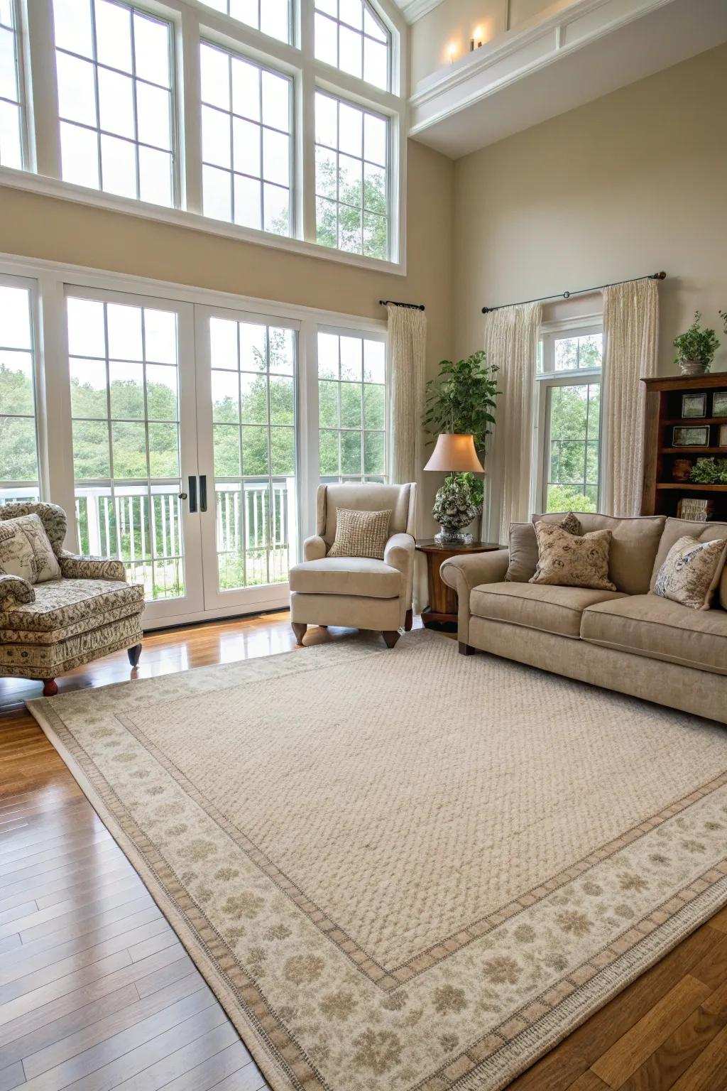 A neutral rug anchors the chamber and appends texture.