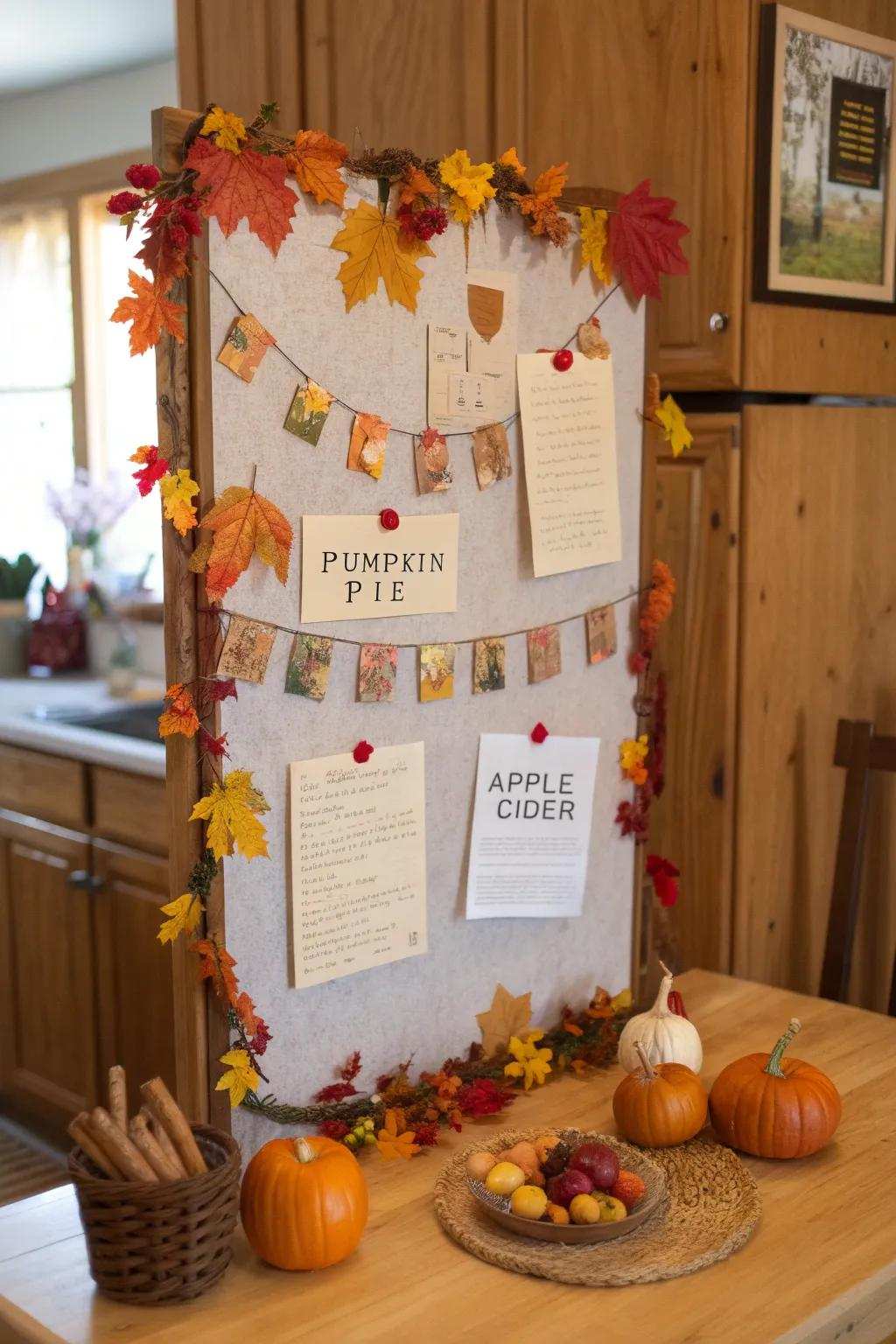 A notice board filled with handwritten autumn recipes shared by colleagues.