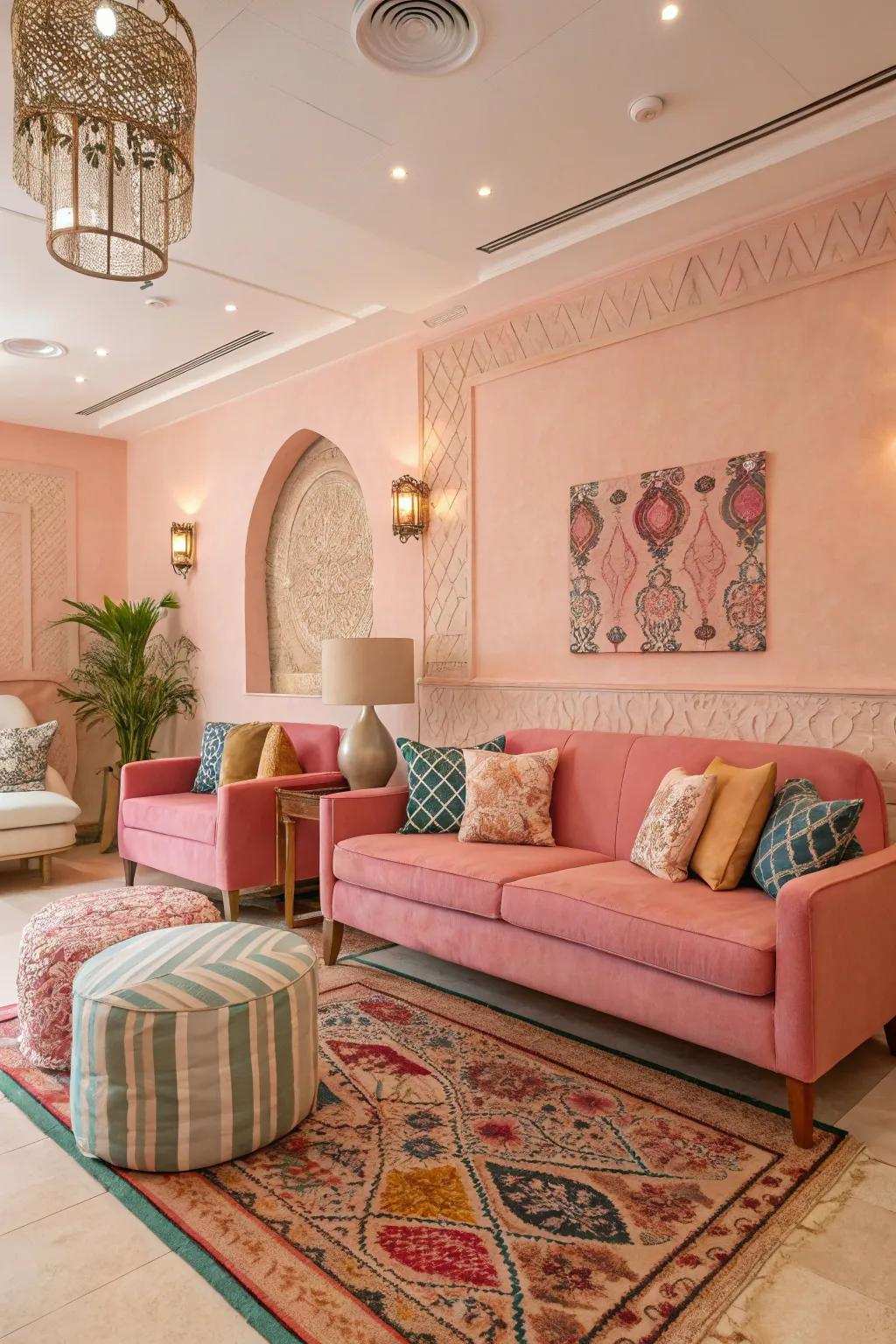 A pastel palette offers a calming and balanced atmosphere in the living room.