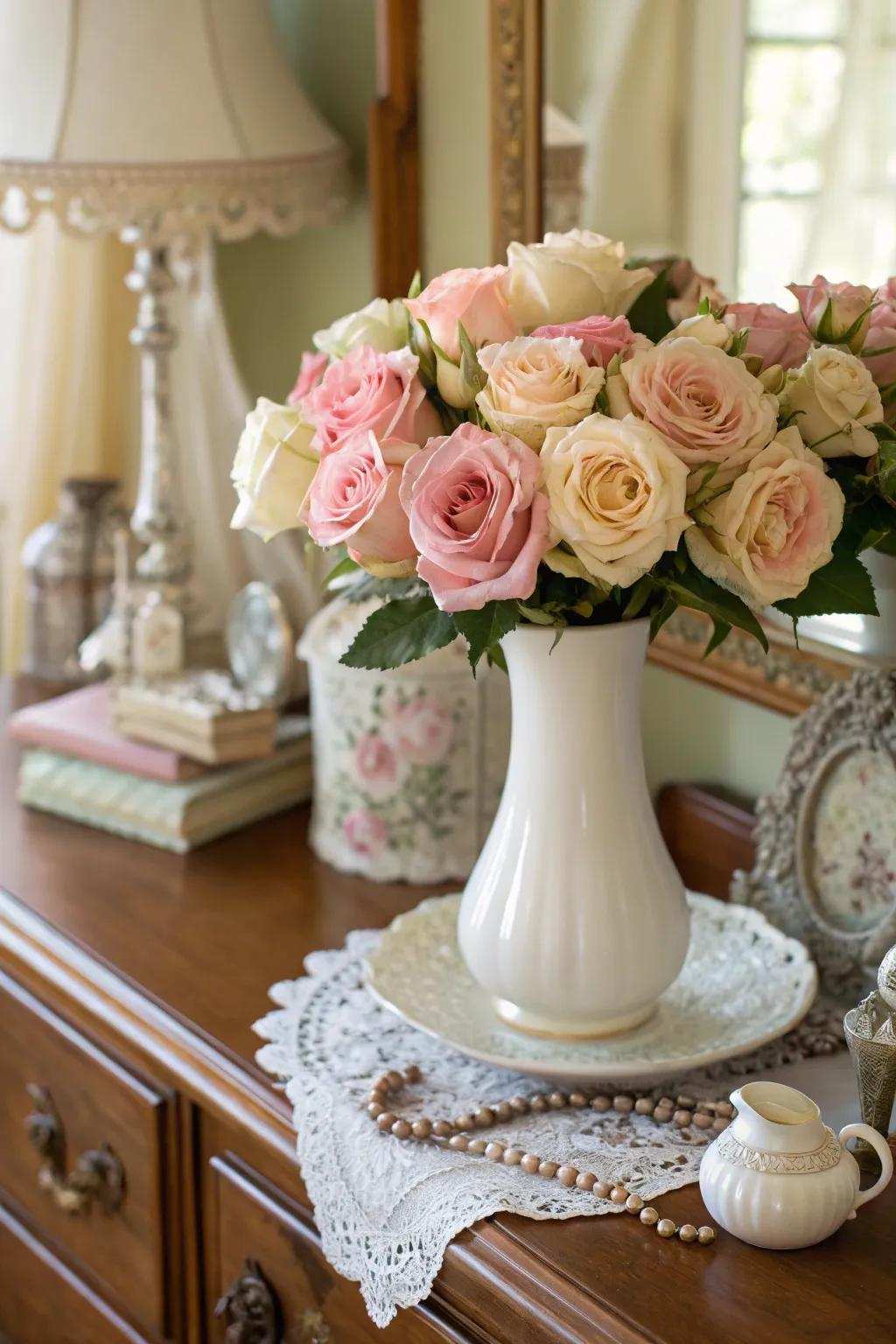 A pastel rose arrangement lending a soft ambiance to any room.