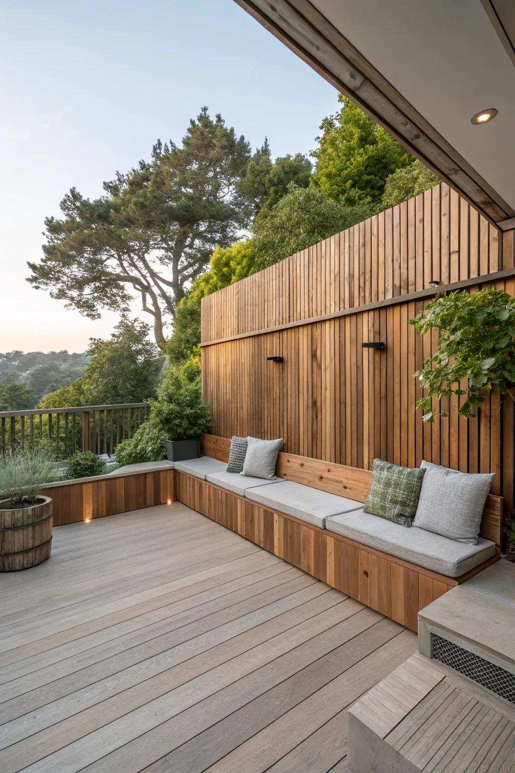 A patio featuring a timber background and integrated lounging.